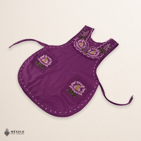 Violet Mexican Embroidered Smock Apron – Floral Traditional Design - Picture 5 of 8
